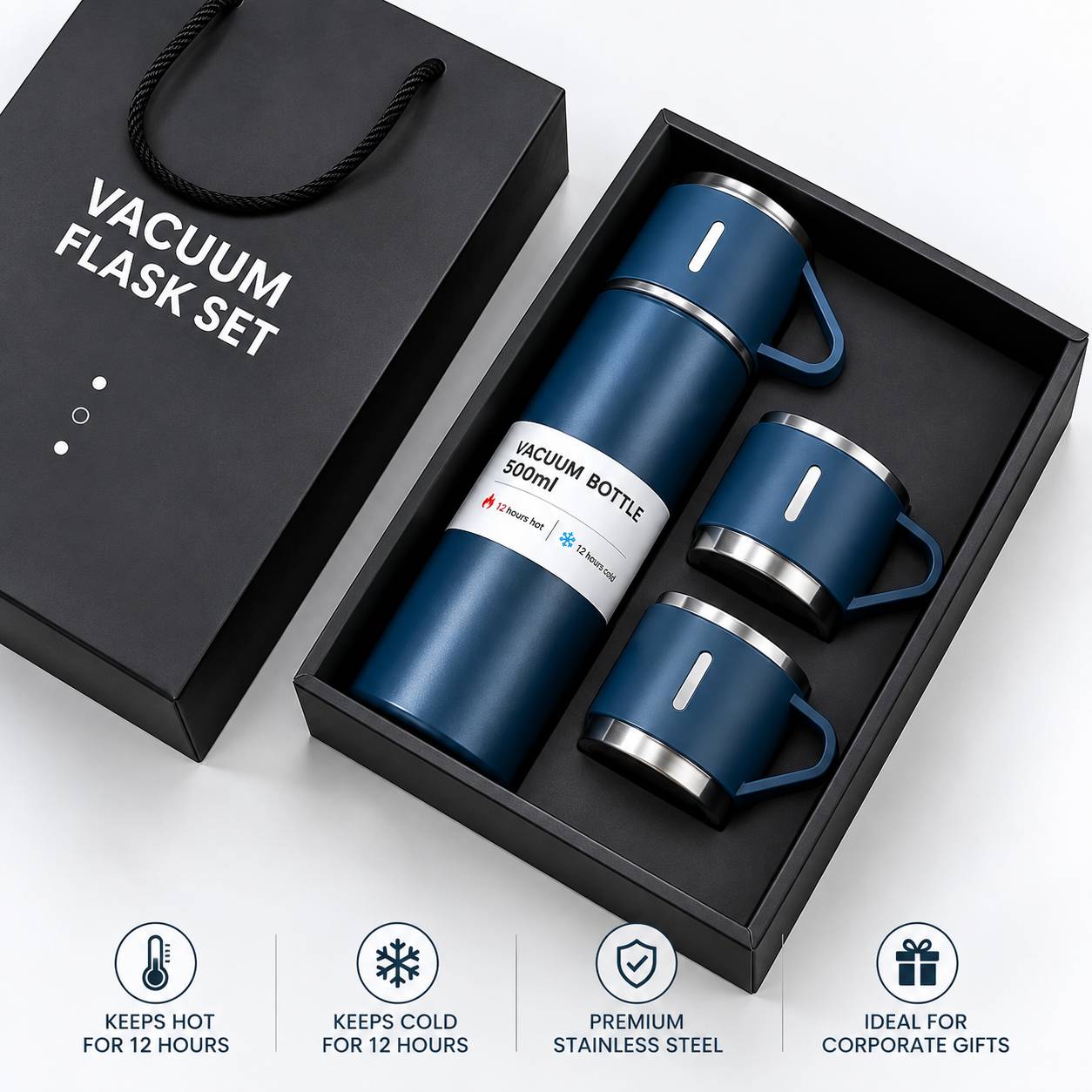 Steel Vacuum Flask and 2 Cups Gift Set