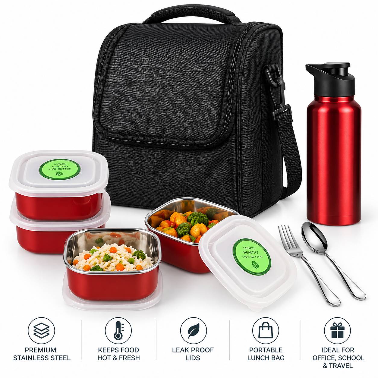 Red Steel Lunch Box Set with Cutlery and Bag